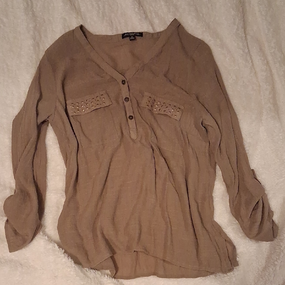 Notations Beige V-Neck Blouse with Button Accents